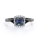 Unique 1.25 Carat Cushion Cut Lab Created Alexandrite And Diamond Split Shank Engagement Ring In White Gold