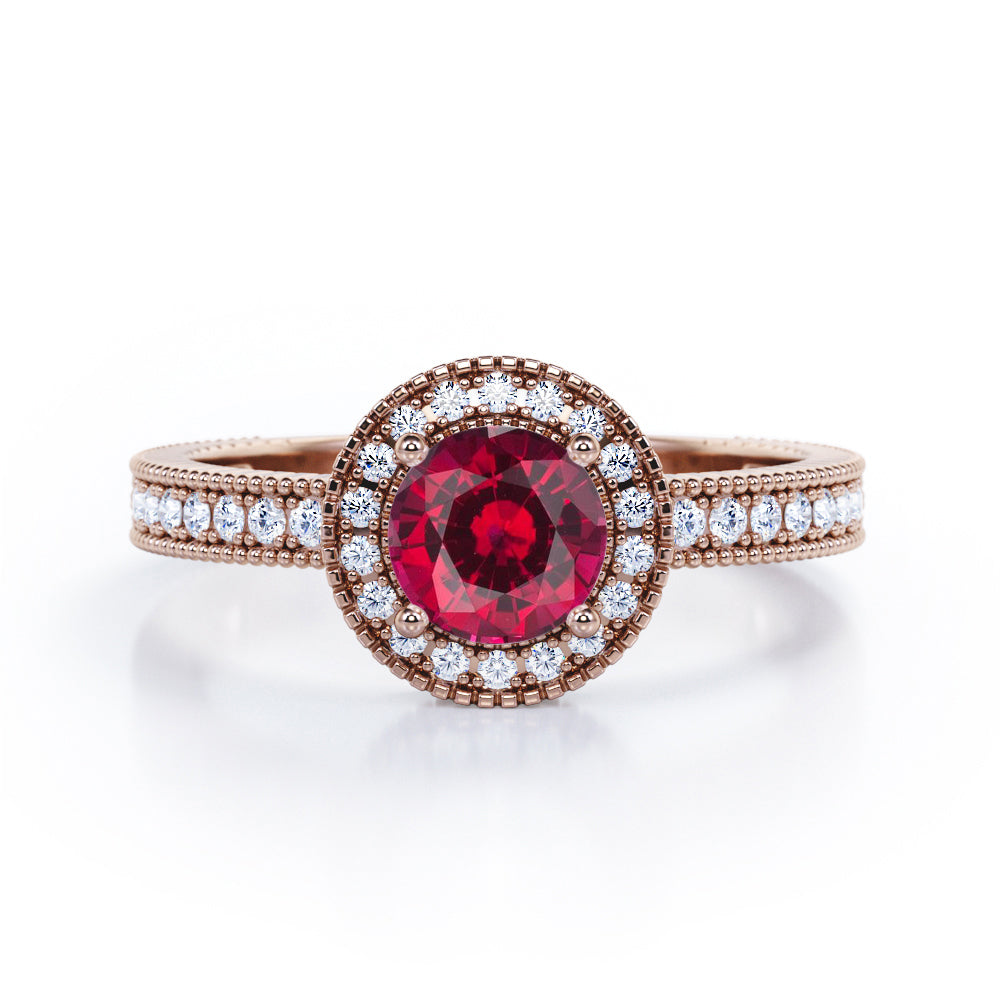 Decorative Halo 1 carat Round Lab Ruby and Diamond Milgrain Engagement Ring in White Gold