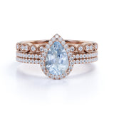 Affordable 2 Carat Pear cut Aquamarine and Diamond Antique Wedding Trio Ring Set in Rose Gold
