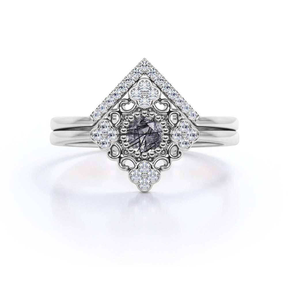 Solitaire 0.75 Carat Round Black Rutilated Quartz and Diamond Bezel Set Filigree Wedding Ring Sets