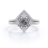 Solitaire 0.75 Carat Round Black Rutilated Quartz and Diamond Bezel Set Filigree Wedding Ring Sets