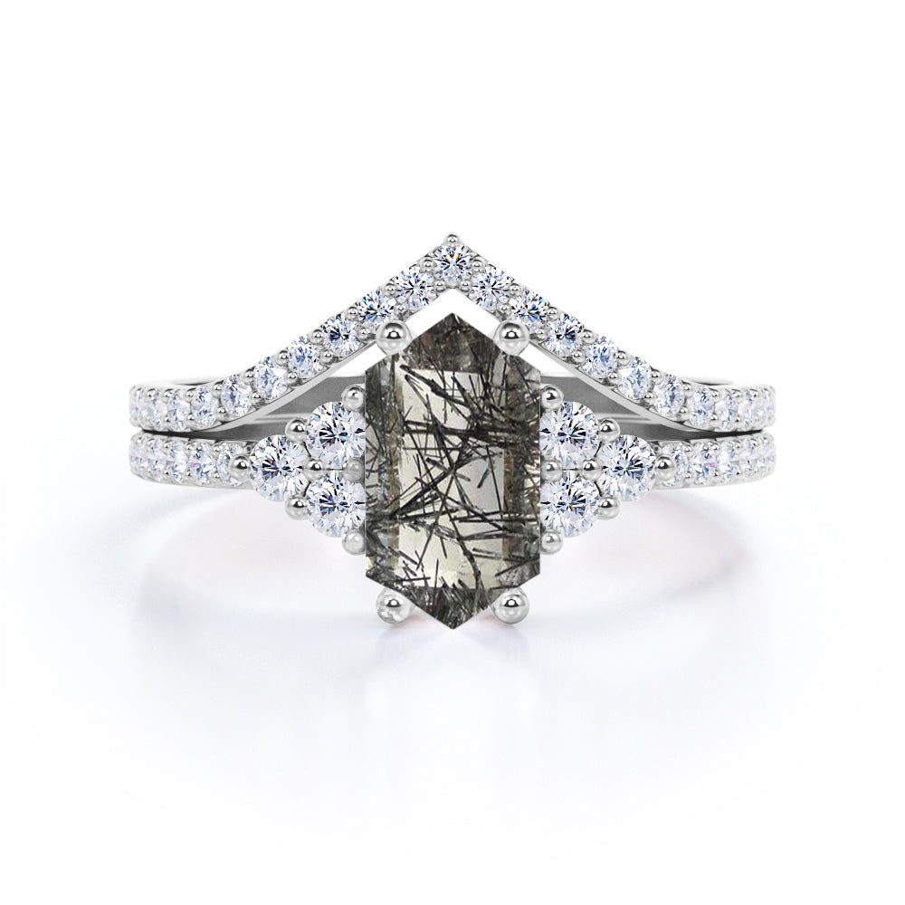 Chevron Pave 1.55 ct Hexagon Black Rutilated Quartz Bridal Set
