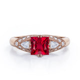 Vintage Eight Prongs 1.30 Carat Princess Cut  Lab Ruby And Diamond Marquise Framed Beaded Engagement Ring In Rose Gold