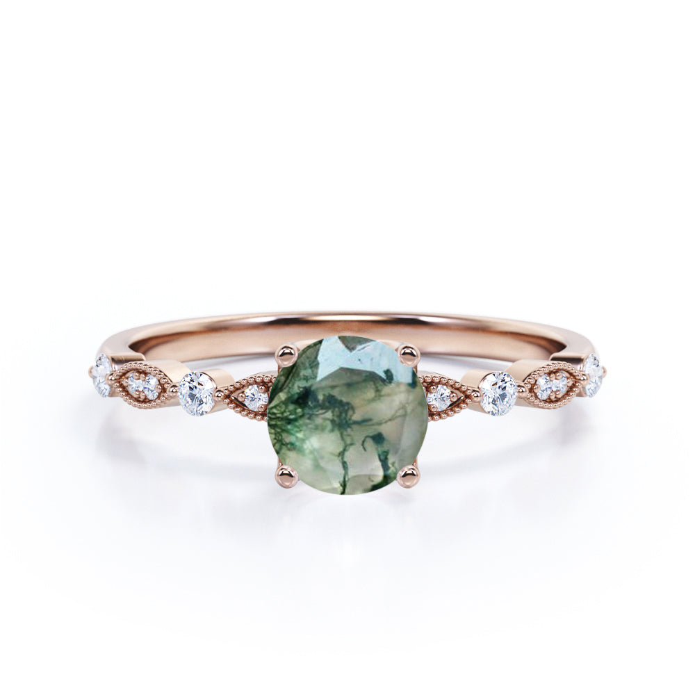 Art Deco 1 Carat Round Moss Agate and Moissanite Scalloped Engagement Ring in White Gold