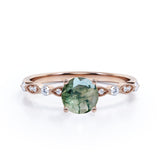 Art Deco 1 Carat Round Moss Agate and Moissanite Scalloped Engagement Ring in White Gold