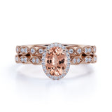 1.5 Carat Oval Cut Peach Morganite and Diamond Wedding Ring Set 10k Rose Gold Elegant Ring