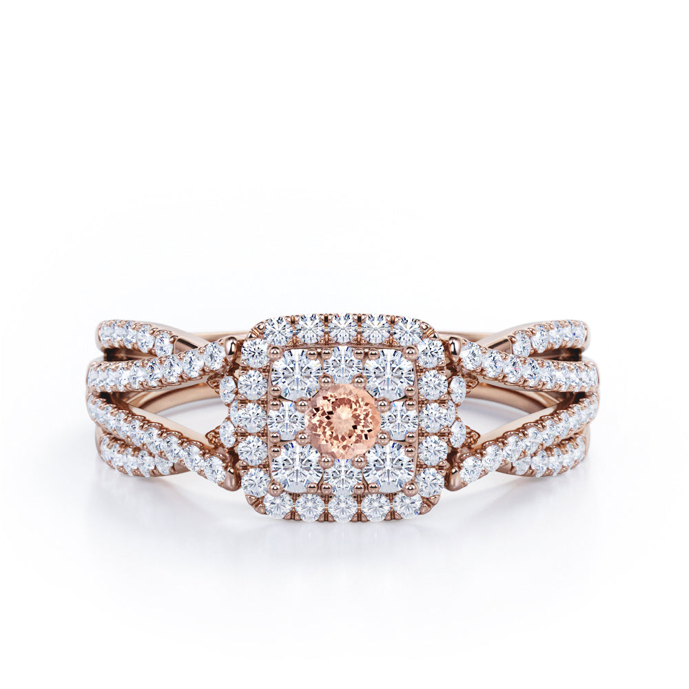 Double Infinity Split Shank - 1.4 Carat Round Shaped Morganite and diamond - Flush Cluster Halo Engagement Ring in White Gold