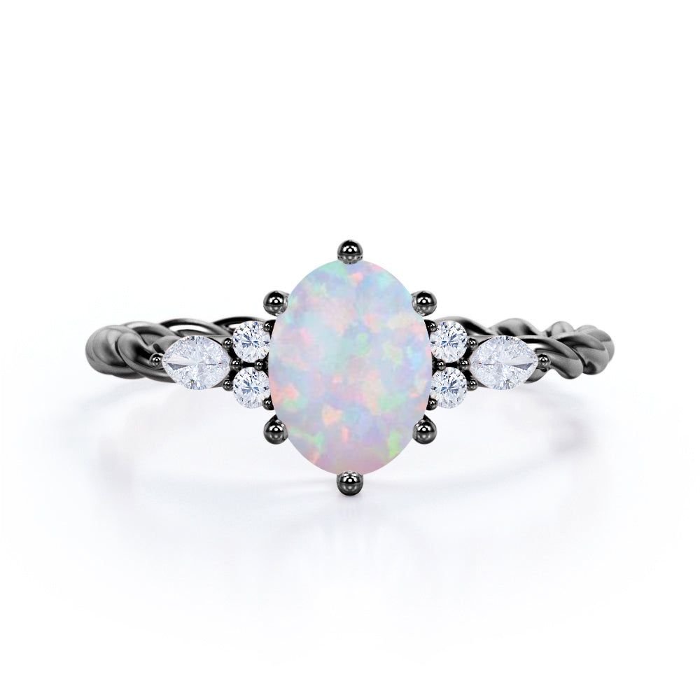Unique Six Prong 1.35 Carat Oval Cut Ethiopian Opal And Diamond Seven Stone Rolled Engagement Ring In White Gold
