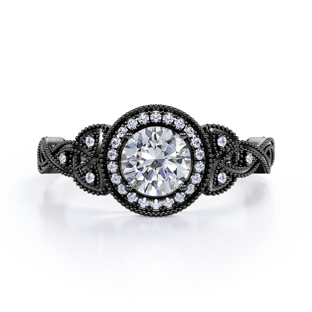 Antique Celtic Knot 0.8 carat Round Moissanite and Diamond Anniversary Ring in Black Gold