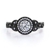 Antique Celtic Knot 0.8 carat Round Moissanite and Diamond Anniversary Ring in Black Gold