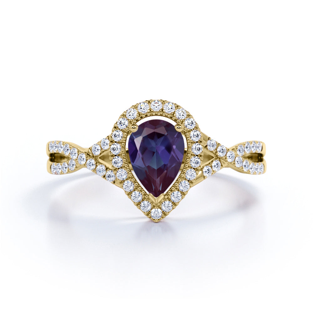 Vintage Twisted Infinity 1.50 Carat Pear Shaped Lab Grown Alexandrite and Diamond Halo Engagement Ring in Rose Gold for Women