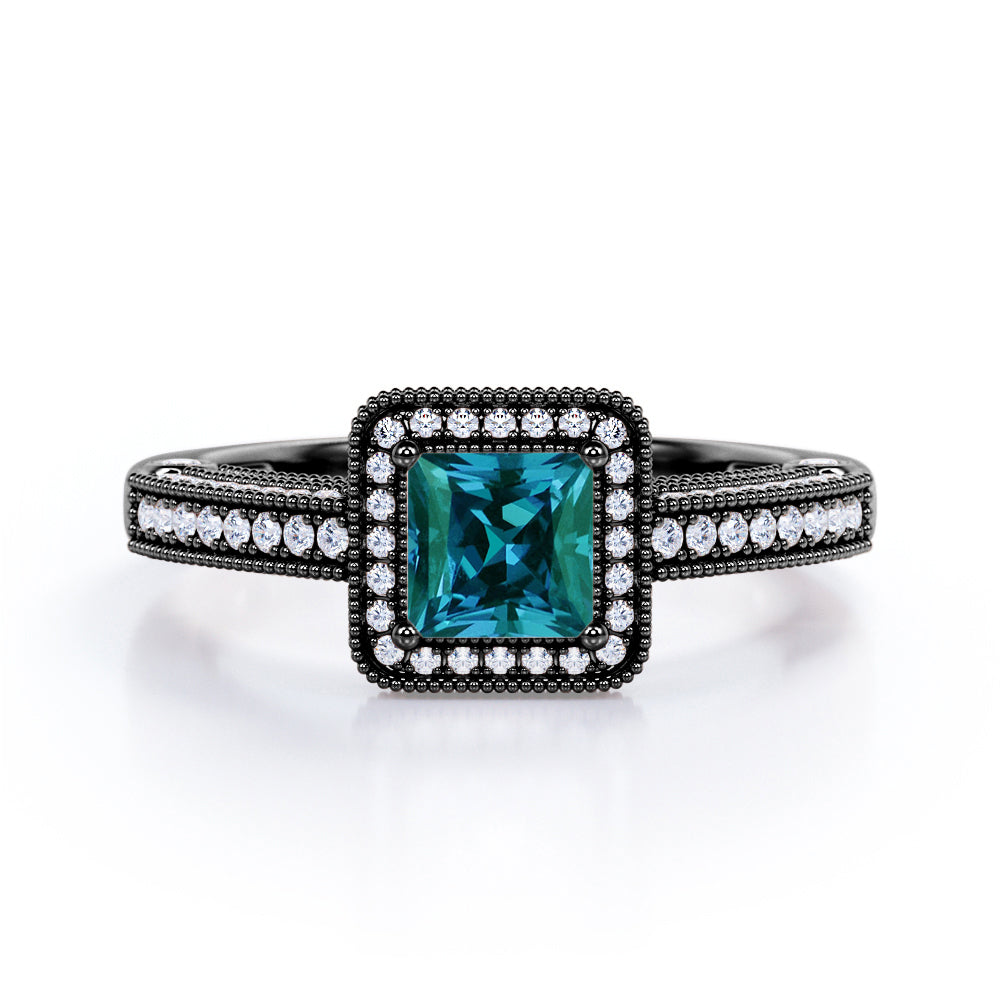 Classic 1.40 Carat Princess Cut Lab Created Alexandrite And Diamond Vintage Milgrain Engagement Ring In White Gold For Her