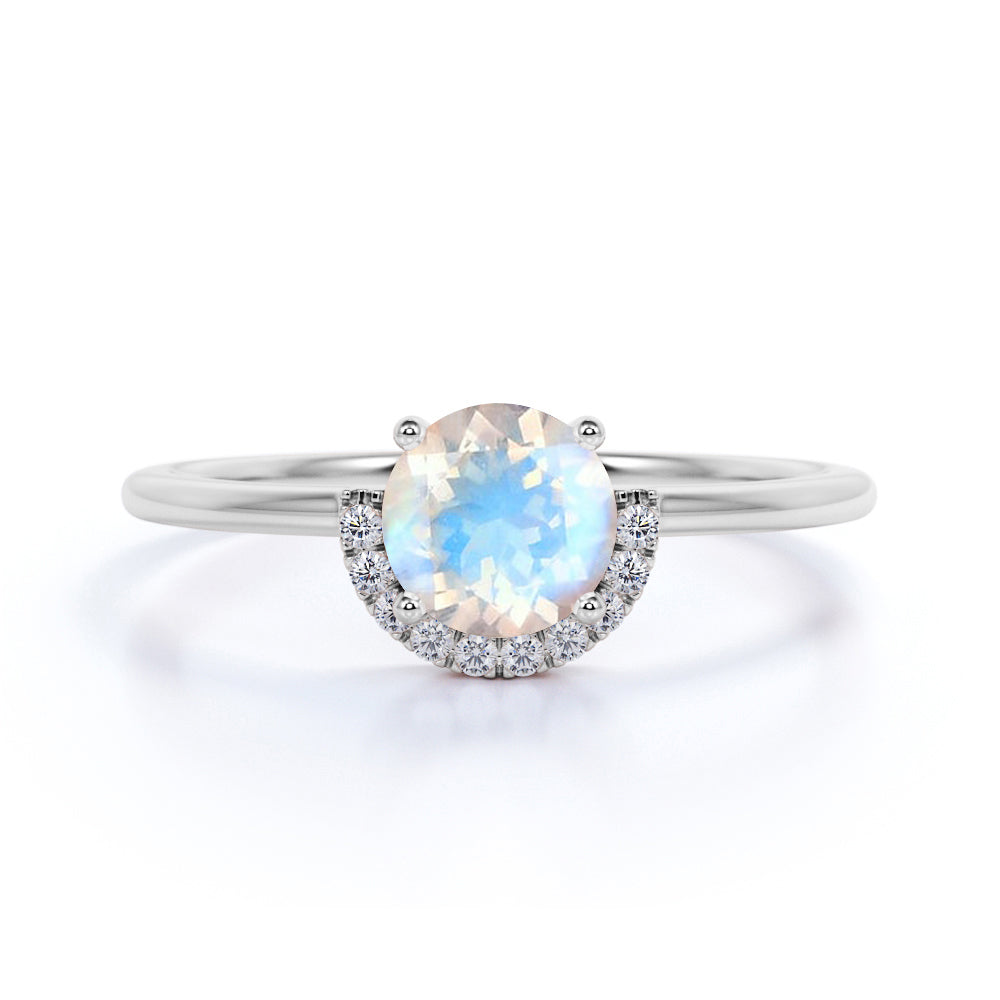 Unique 1.15 Carat Round Blue Flash Moonstone and Diamond Curved Engagement Ring in Rose Gold