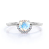 Unique 1.15 Carat Round Blue Flash Moonstone and Diamond Curved Engagement Ring in Rose Gold