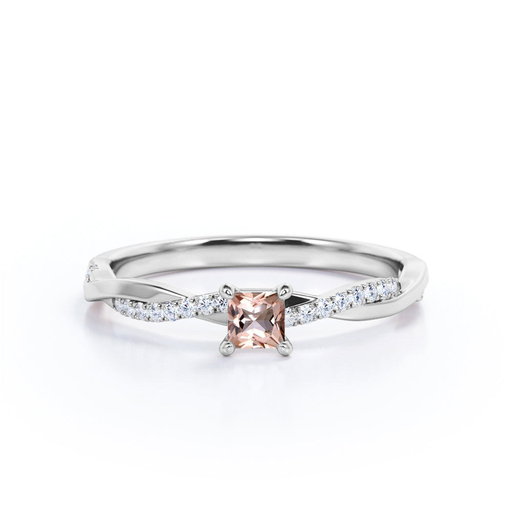 Dainty Twisted Shank 0.6 carat Princess Morganite and Moissanite Engagement Ring in White Gold