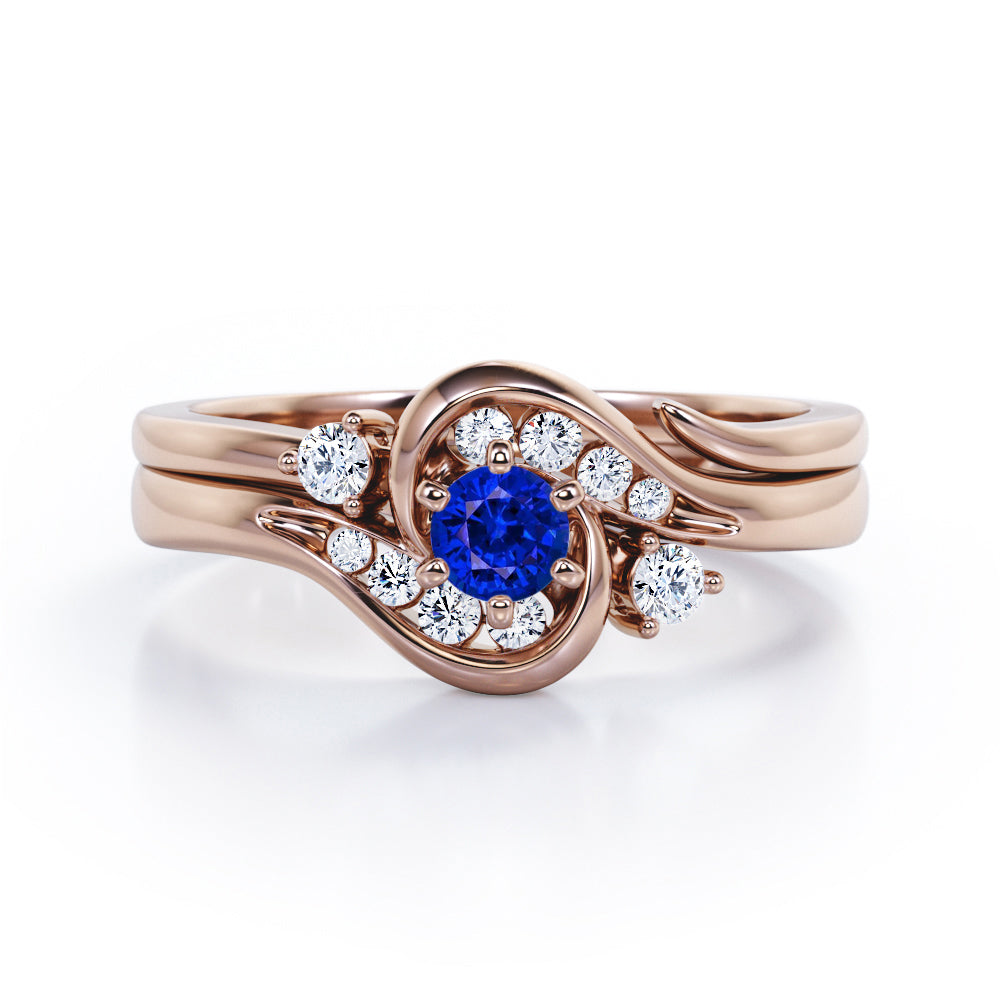 6 Prong Tension Design - 0.55 TCW Round Shaped Blue Sapphire and Moissanite - Flush Chanel Wedding Ring Set - White Gold