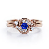 6 Prong Tension Design - 0.55 TCW Round Shaped Blue Sapphire and Moissanite - Flush Chanel Wedding Ring Set - White Gold