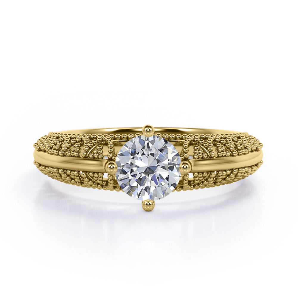 Beaded Art Deco 1 Carat Round Cut Moissanite Solitaire Engagement Ring In Rose Gold