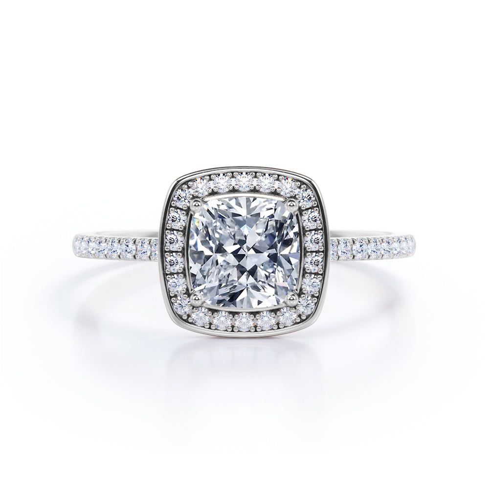 1.50 Carat Halo Cushion cut Moissanite and Diamond Engagement Ring in 10k Rose Gold