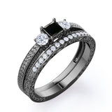 1.25 carat princess cut Black Diamond three stone filigree wedding ring set in white gold