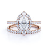 1.75 Carat Vintage Moissanite and Diamond Snowflake Cluster Ring Oval Cut Bridal Set in Rose Gold