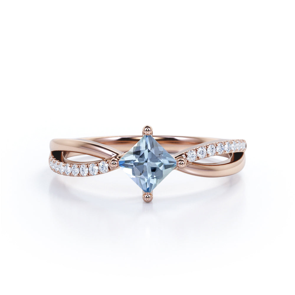 1.10 Carat Princess Cut Aquamarine And Diamond Infinity Engagement Ring In White Gold