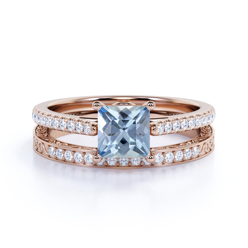 Perfect 1.50 Carat princess cut Aquamarine and Diamond Wedding Ring Set in White Gold