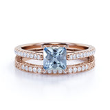Perfect 1.50 Carat princess cut Aquamarine and Diamond Wedding Ring Set in White Gold
