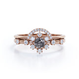 Modern Cluster 0.75 Carat Round Cut Dendritic Black Rutilated Quartz and Diamond Snowflake Bridal Set Rings