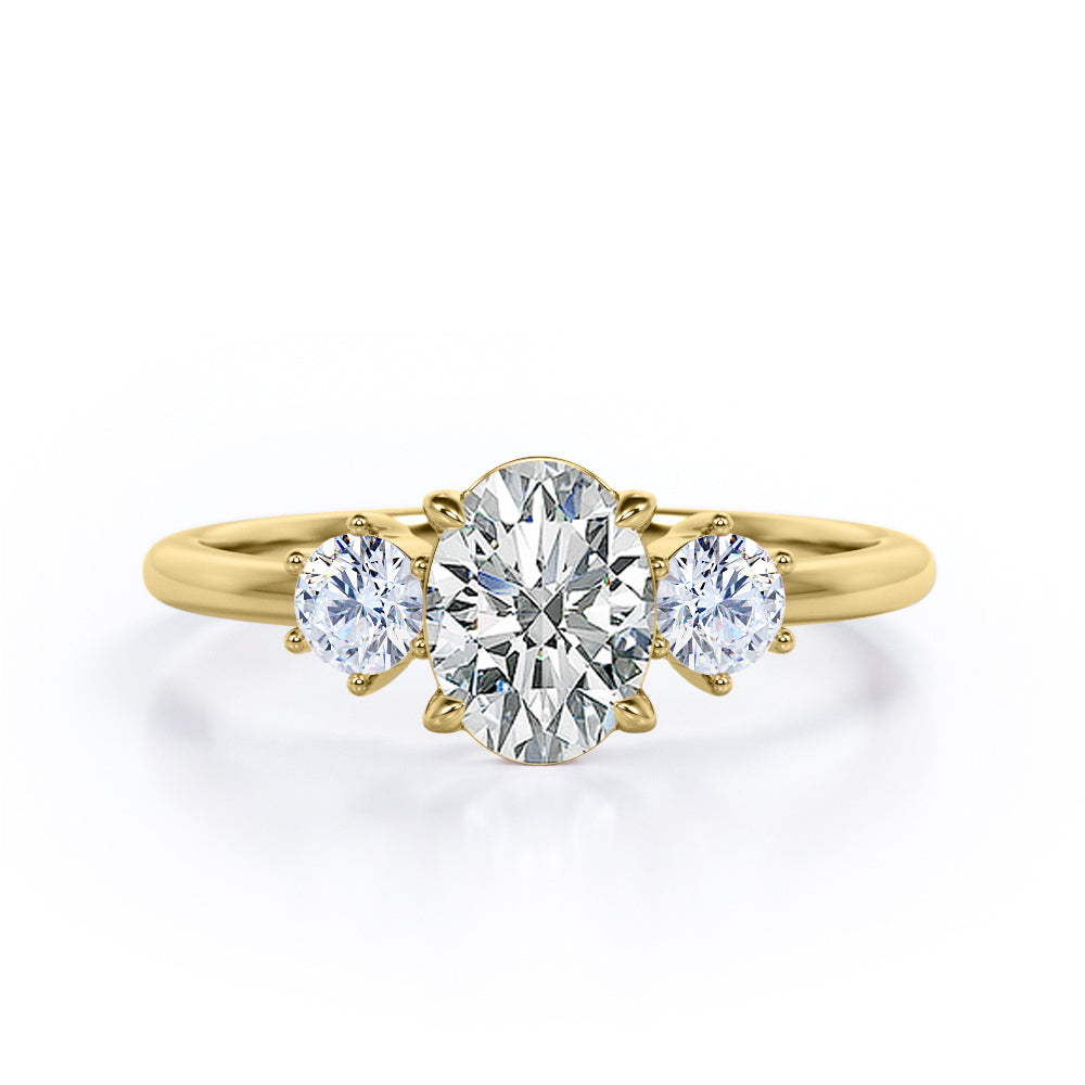 Simple Trio Stone 0.8 carat Oval Moissanite and Diamond Engagement Ring in Rose Gold