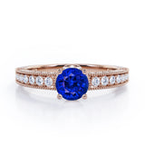 Classic Four Prong 1.45 Carat Round Cut Lab-Created Sapphire And Diamond Vintage Milgrain Engagement Ring In Rose Gold