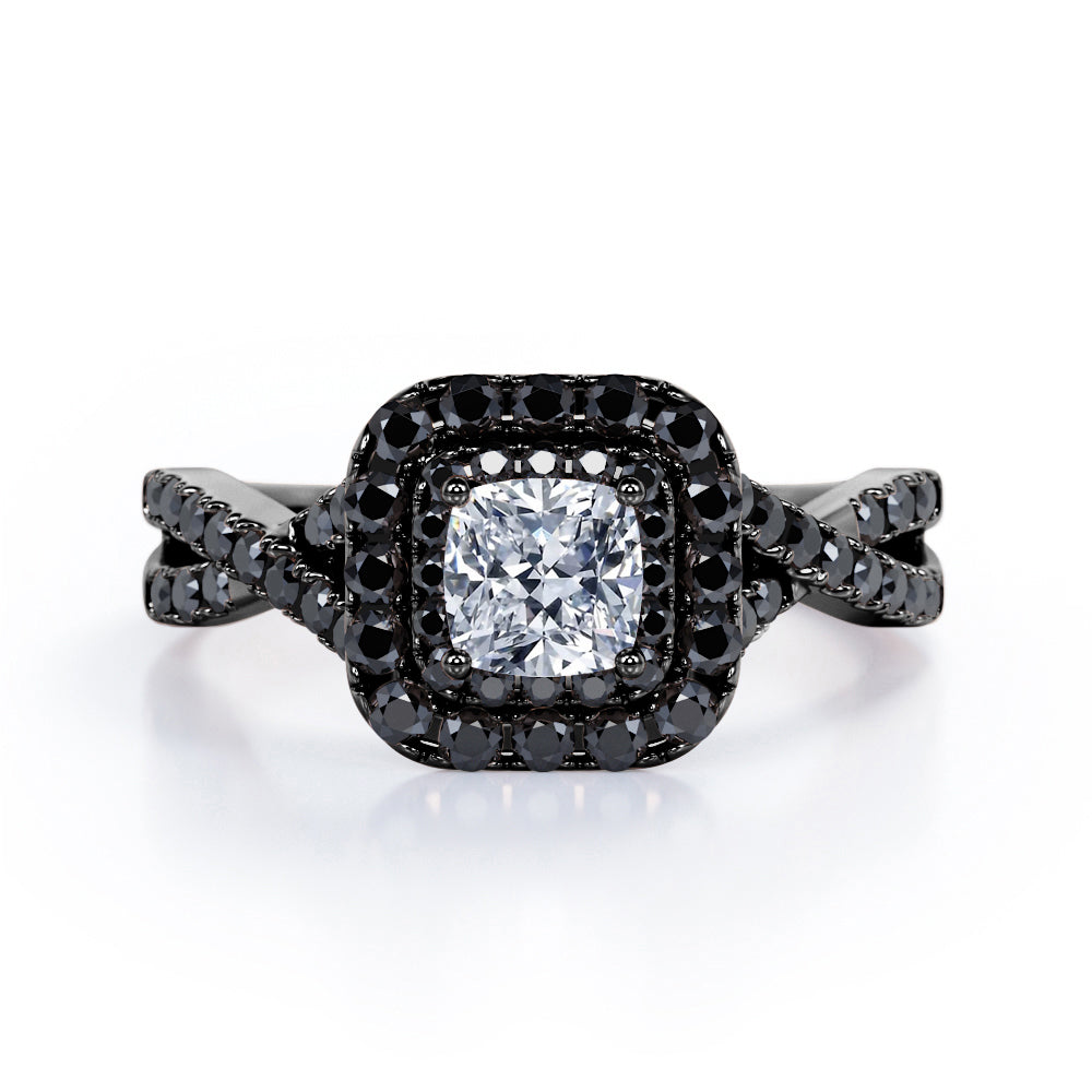 Rounded Square Double Halo -  1.55 TCW Princess Cut Moissanite with Lab Created Black Diamond - Infinity Pave Engagement Ring in White Gold