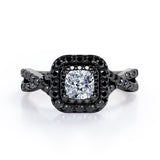 Rounded Square Double Halo -  1.55 TCW Princess Cut Moissanite with Lab Created Black Diamond - Infinity Pave Engagement Ring in White Gold
