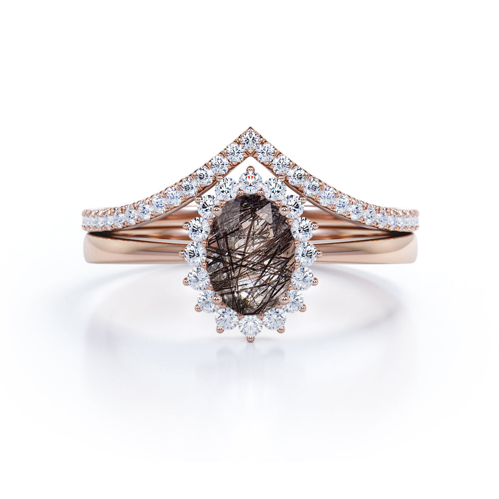 Modern Intricate Snowflake Cluster 1.50 Carat Oval Cut Solid Dendritic Black Brown Rutilated Quartz and Diamond Pave Curved Band Wedding Ring Sets for Her