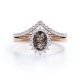 Modern Intricate Snowflake Cluster 1.50 Carat Oval Cut Solid Dendritic Black Brown Rutilated Quartz and Diamond Pave Curved Band Wedding Ring Sets for Her