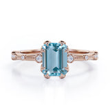 Sharp Eight Claws 1.10 Carat Emerald Cut Aquamarine And Diamond Beaded Engagement Ring In White Gold