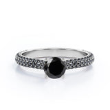 Cathedral Micro-Pave 1.6 TCW Round Shape Lab Created Black Diamond Filigree Wedding Ring Set in White Gold
