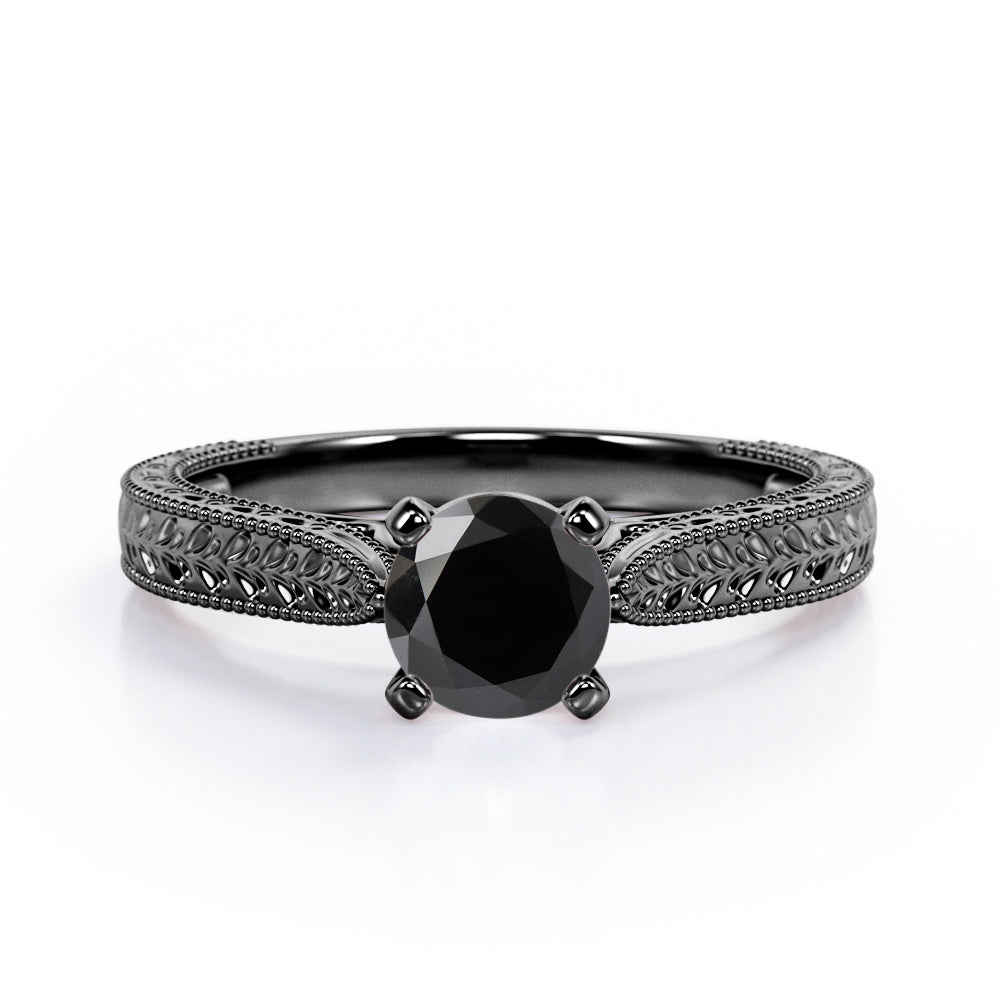 Solitaire 1 Carat Round Cut Black Diamond Four Prong Antique Art Deco Engagement Ring In White Gold