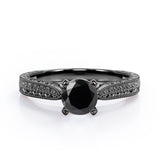 Solitaire 1 Carat Round Cut Black Diamond Four Prong Antique Art Deco Engagement Ring In White Gold