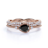 Affordable Antique Artdeco 1.60 Carat Pear Lab Black Diamond Halo Wedding Ring Set in Rose Gold