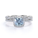Infinity 1.50 ct Cushion Aquamarine Halo Wedding Ring Set