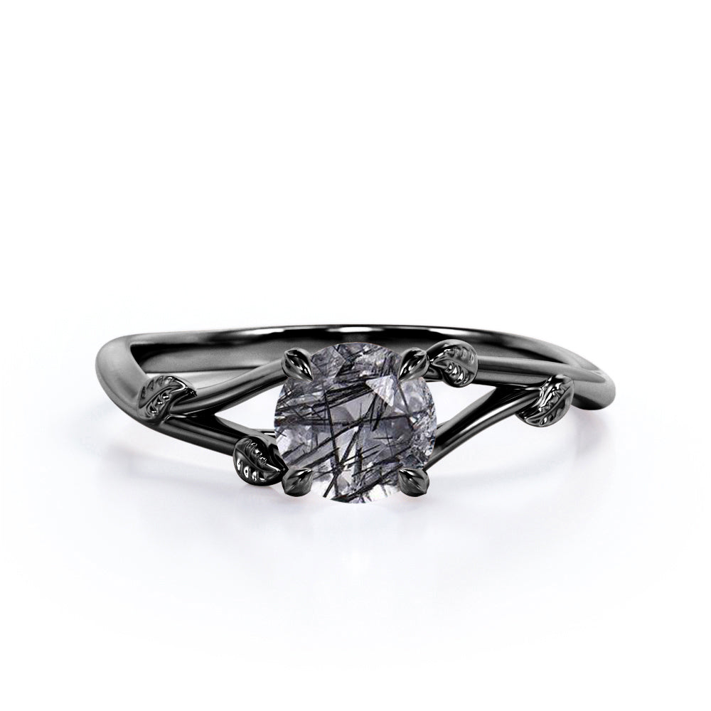 Leaf 1 ct Round Black Rutilated Quartz Split Shank Engagement Ring