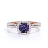 Simple Four Prong 1.75 Carat Round Cut Created Alexandrite and Diamond Halo Pave Bridal Set Rings for Women