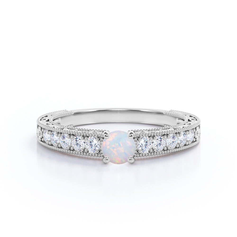 Floral Art Deco 1.25 Carat Round Cut Precious Fire Opal And Diamond Vintage Inspired Engagement Ring In Rose Gold