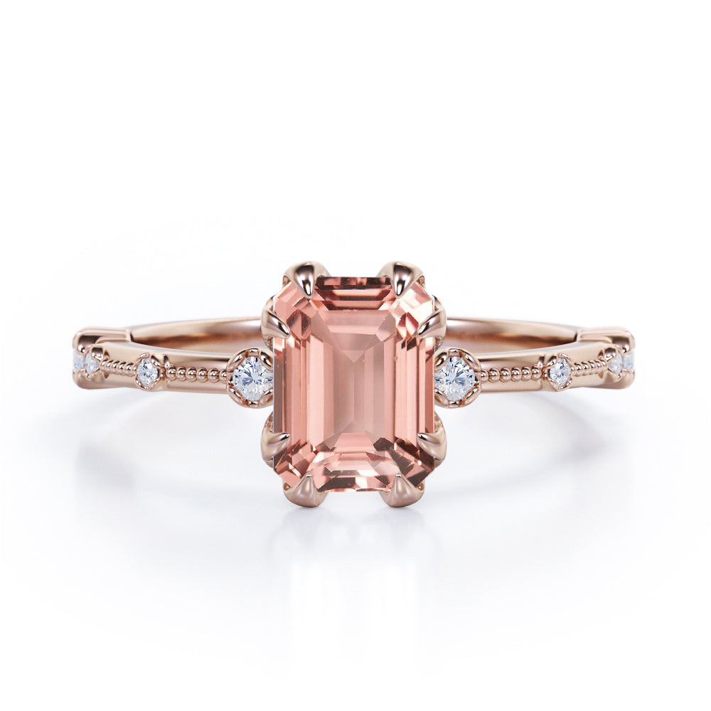 Sharp Eight Claws 1.10 Carat Emerald Cut Morganite And Diamond Beaded Engagement Ring In White Gold