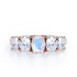 Oval Basket Set 1.25 carat Moonstone and moissanite Fine Jewelry Ring in White Gold