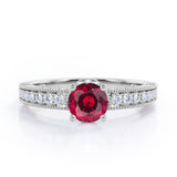Classic Four Prong 1.45 Carat Round Cut Lab Ruby And Diamond Vintage Milgrain Engagement Ring In White Gold