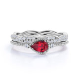 Vintage Filigree Bezel Set 1.50 Carat Pear Cut Lab-Created Ruby and Diamond Pave Infinity Wedding Ring Set in White Gold