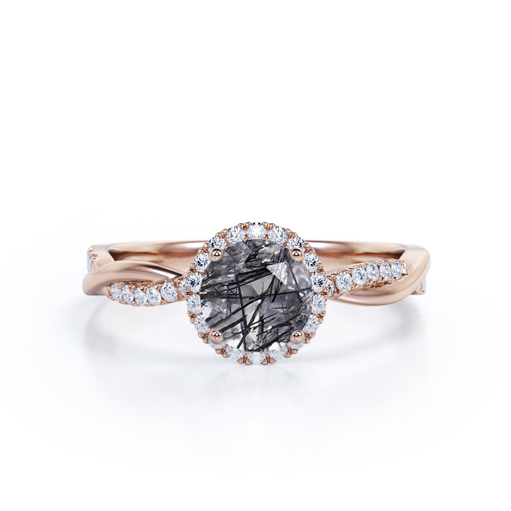 Infinity 1.25 ct Round Black Rutilated Quartz Halo Engagement Ring