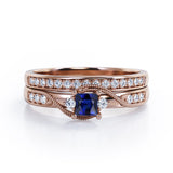 Trilogy Duo Milgrain 0.7 TCW Princess Cut Blue Sapphire and Moissanite Vintage Bridal Ring Set in Rose Gold